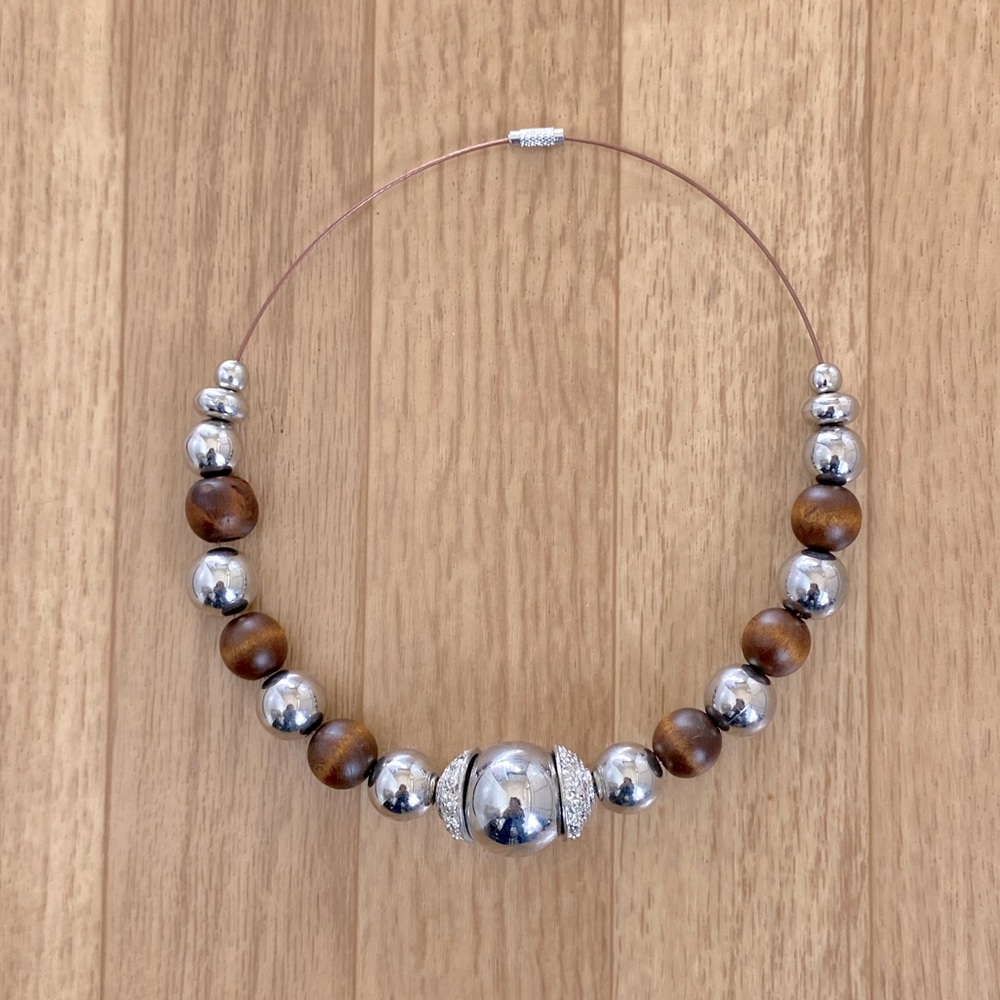 BOHO Wooden and Silver Graduating Beads Necklace